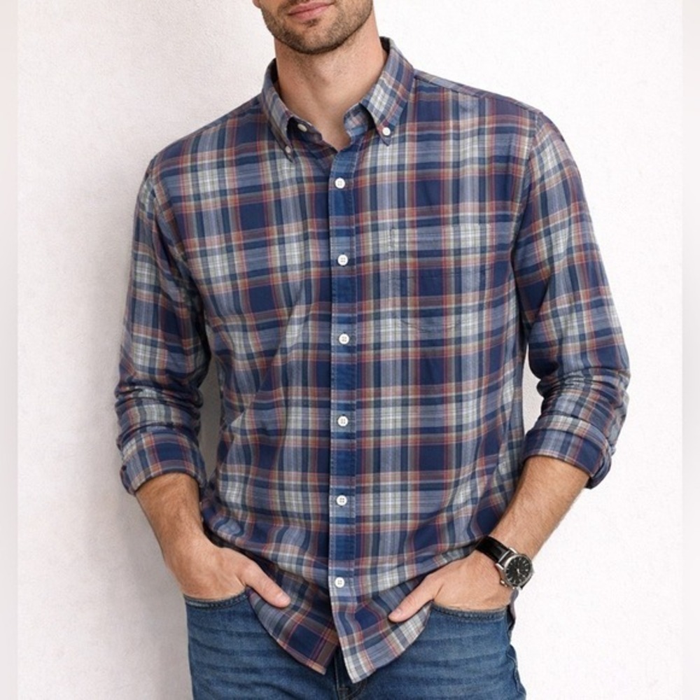 UNTUCKit Mens Medium Blue Brown Plaid Cotton Button Down Shirt Long Sleeve